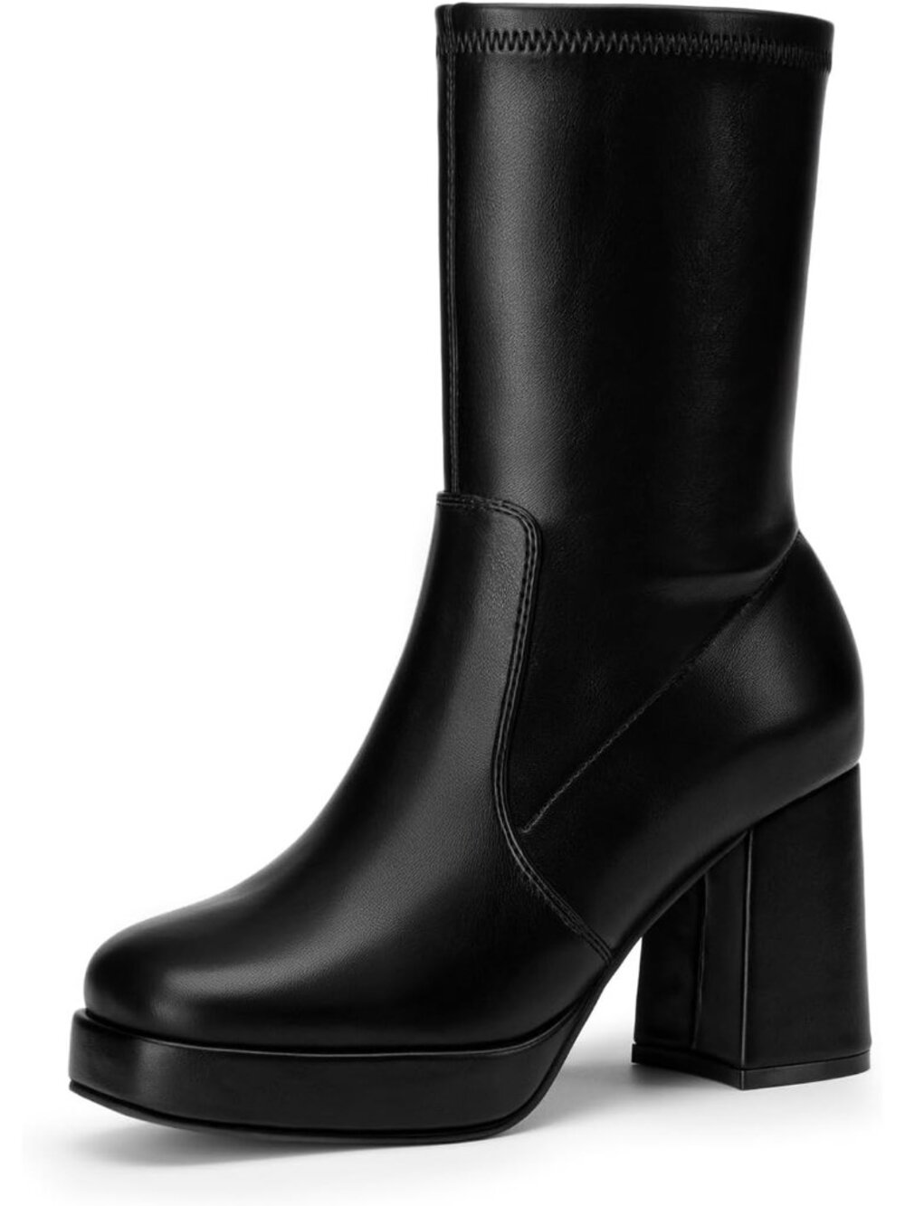 Women's Black Casual Mid Calf Stretch Shaft Side Zipper Chunky Block Heel Boots
